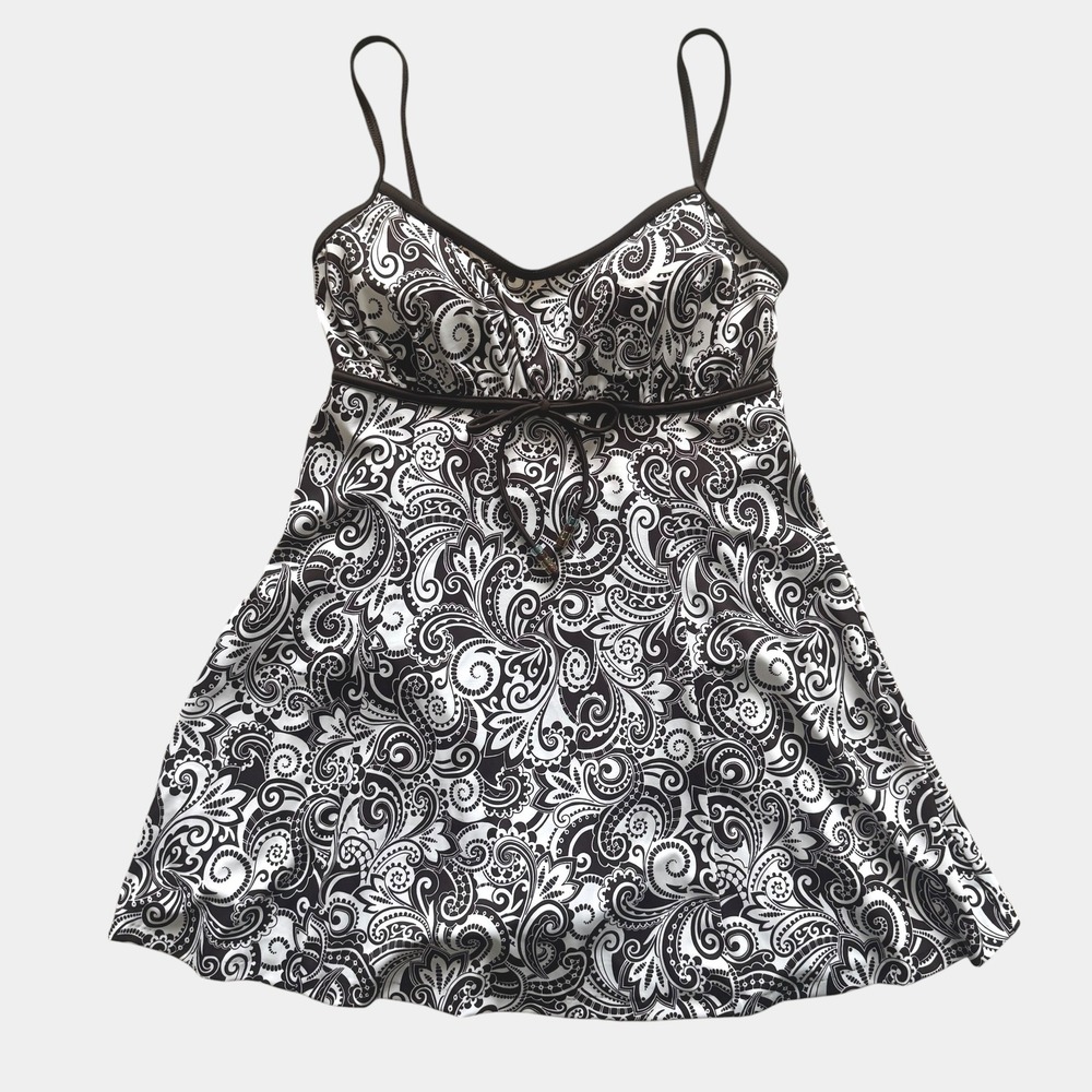 It Figures! Women Brown White Paisley Empire Waist Swim Dress sz 10 NWOT